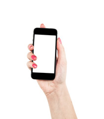 Isolated female hand holding a phone with white screen