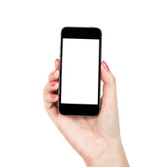 Hand holding mobile smart phone with blank screen. Isolated on w