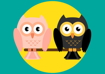 Owls couple on tree with moon in background. Vector illustration