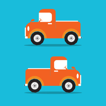 Pickup truck car orange color in flat design. Vector illustratio