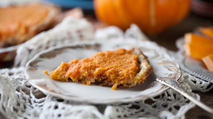 Homemade pumpkin pie with chocolate dough