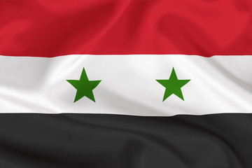 Syria flag on waving silk background