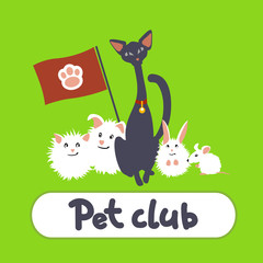Greeting card with cat and pets on a green background