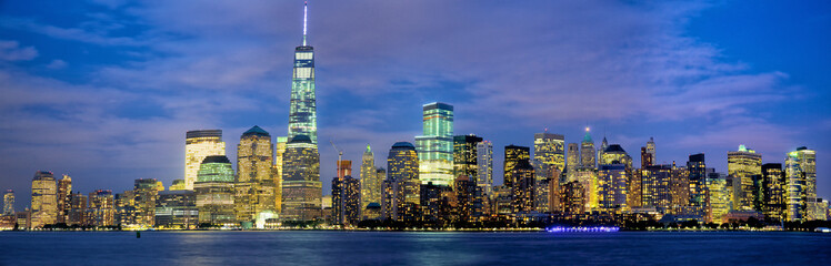 Lower Manhattan skyline panorama at dusk, New York