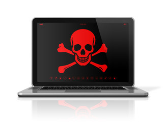 Laptop with a pirate symbol on screen. Hacker concept