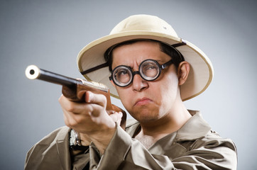 Funny hunter in hunting concept