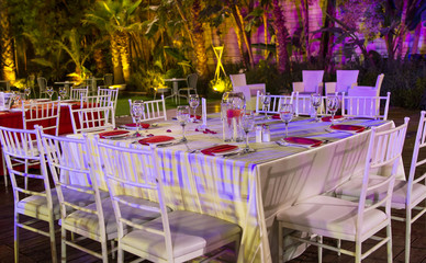 Festively decorated table .