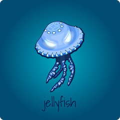 Single jellyfish closeup on deep blue background