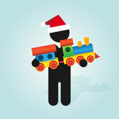 figure man with santa hat holds childrens color toy train with carriages