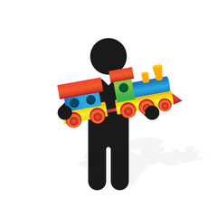 figure man holds childrens color toy train with carriages