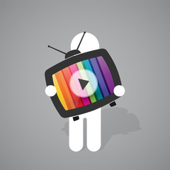 figure man holds old tv