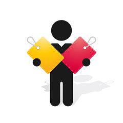 figure man holds vinyl colorful tags with the motif of flakes