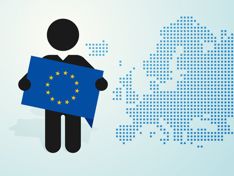 figure man holds EU flag europe map background