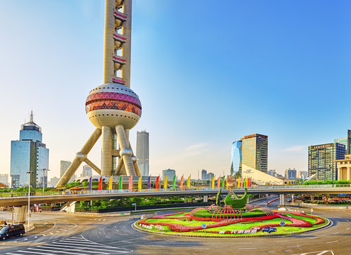 SHANGHAI, CHINA- MAY 24,  2015: Oriental Pearl Tower on  blue sk