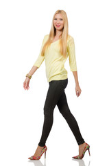 Pretty woman in yellow blouse isolated on white