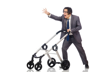 Funny dad with baby and pram on white