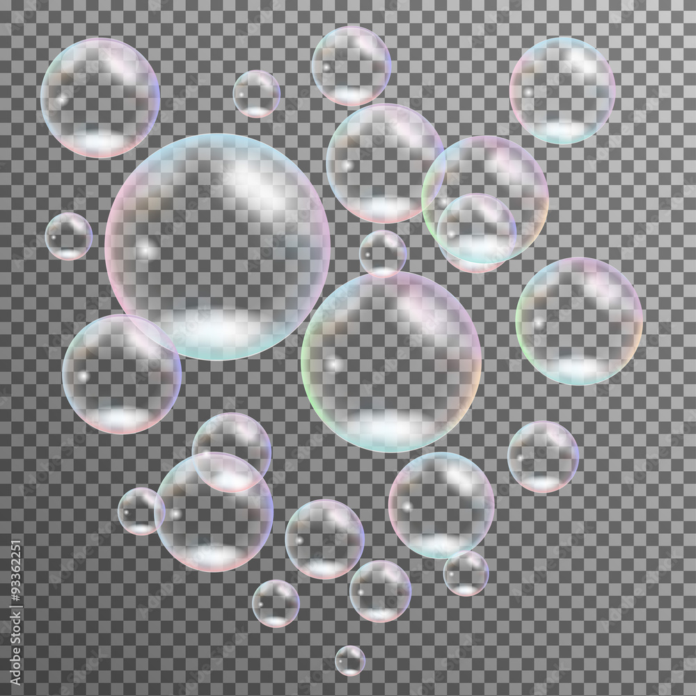 Poster realistic transparent multicolored soap bubbles isolated vector