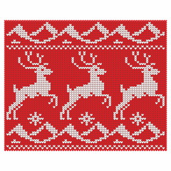 Knitted pattern. Christmas, deers, snow, hearts.