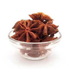 Front view of Organic Star anise or Chakra Phool (Illicium verum) in glass bowl isolated on white background.