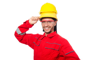 Man wearing red coveralls isolated on white