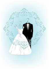 Wedding invitation card with clothes a bride and groom in a beautiful frame. Vector illustration