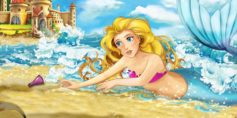 Cartoon ocean and the mermaid - castle at the shore - illustration for the children