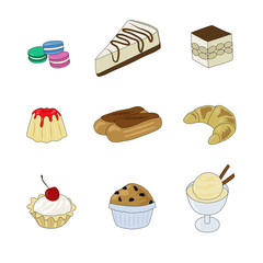 Cheesecake, cookies, сake, ice cream, cake, croissant.