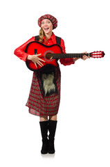 Funny woman in scottish clothing with guitar