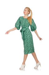 Naklejka premium Young woman in green dress isolated on white