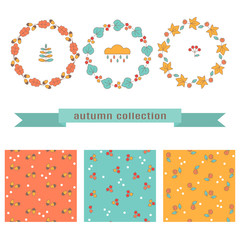 Set of autumn floral wreaths and seamless patterns.