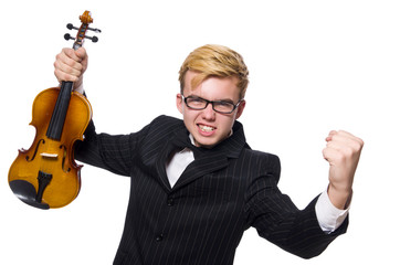 Young musician with violin isolated on white