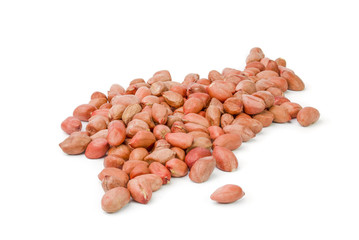 Roasted, clean peanuts on a white background.