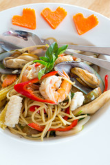 Spicy sea food spaghetti on white dish