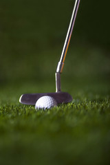 Golf clubs and balls on green grass