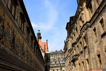 Fototapeta na wymiar Procession of Princes (Furstenzug) and old buildings in Dresden, Germany