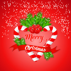 Christmas candy cane with holly and red ribbon. Vector
