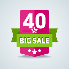 Big sale 40 percent badge with green ribbon. Vector illustration
