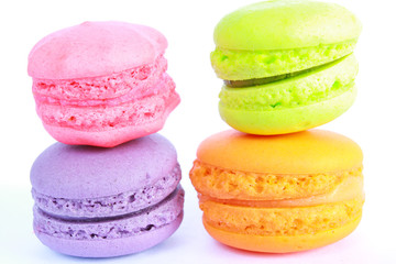 Sweet and colourful french macaroons or macaron on white background, Dessert.
