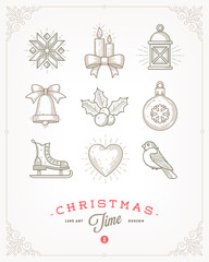 Line art vector illustration - Set of Christmas signs and symbols