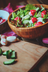 fresh farm salad with fake mushrooms cut from reddish 
