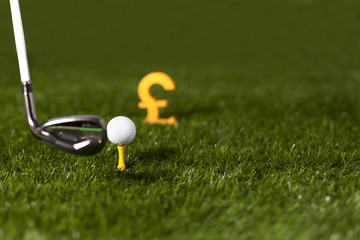Targeting money with golf club and ball on green grass
