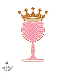 Fototapeta premium Stylish pink wineglass with imperial crown isolated on white 