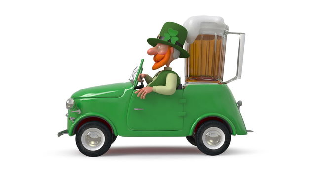 Saint Patrick by car/Christian sacred and the patron of Ireland with a green leaflet of a clover