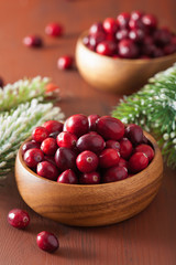 fresh cranberry in wooden bowls, winter decoration