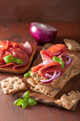 Crisp bread with salami and red onion