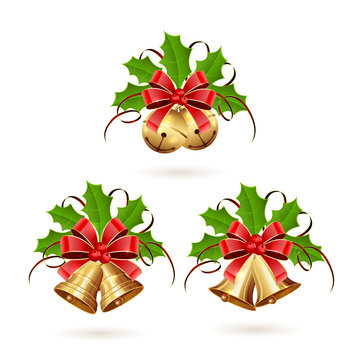 Set of Christmas bells with ribbon and holly berries