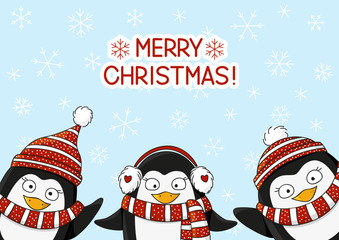 Cute penguins on snow background 