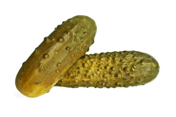 Pickled cucumbers on white background