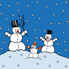 Vector illustration with cartoon snowmen family on blue backgrou