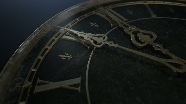A macro closeup of an antique clock focusing on the second hand counting down ten seconds to midnight